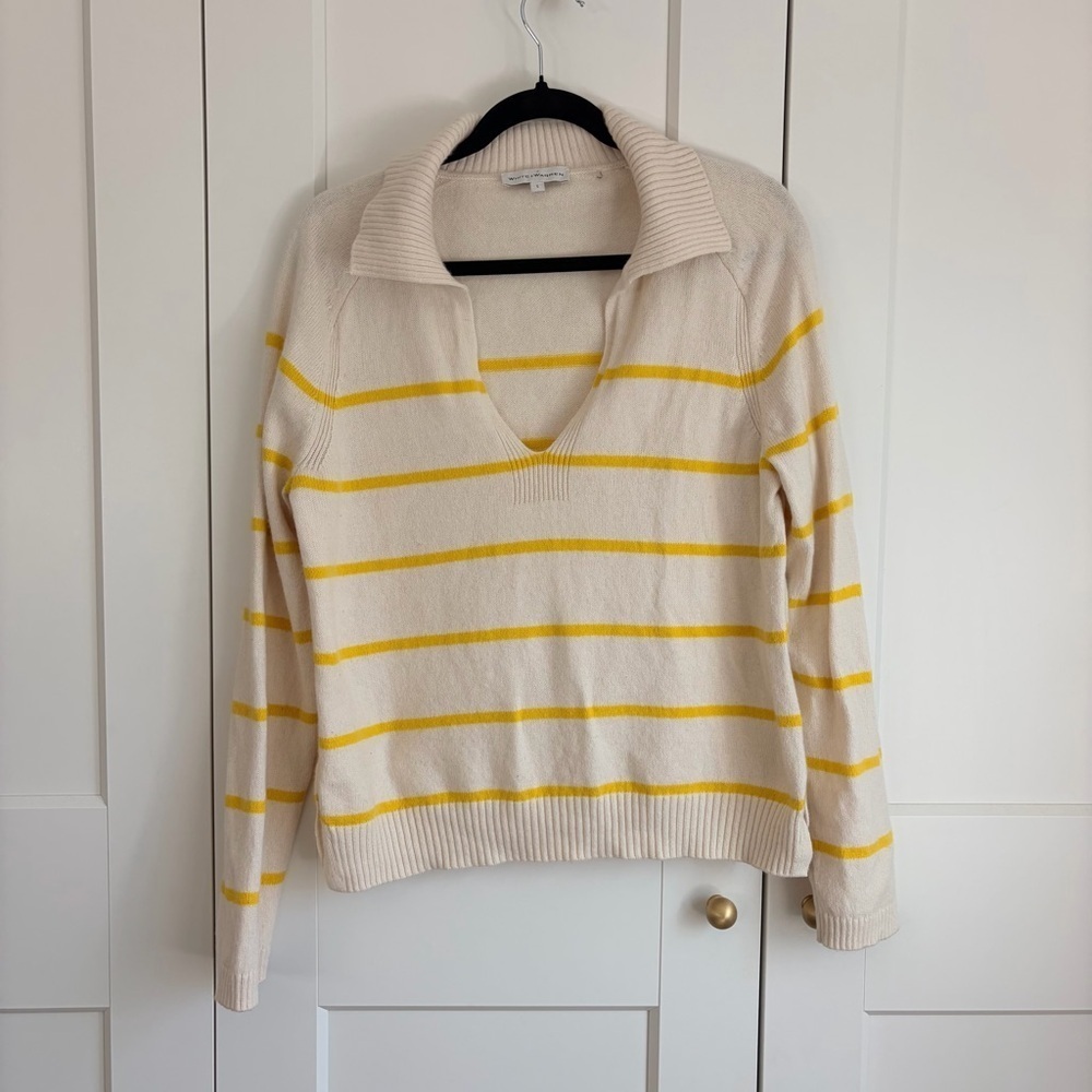 White+Warren Cream and Yellow Striped Rugby Polo Sweater | L